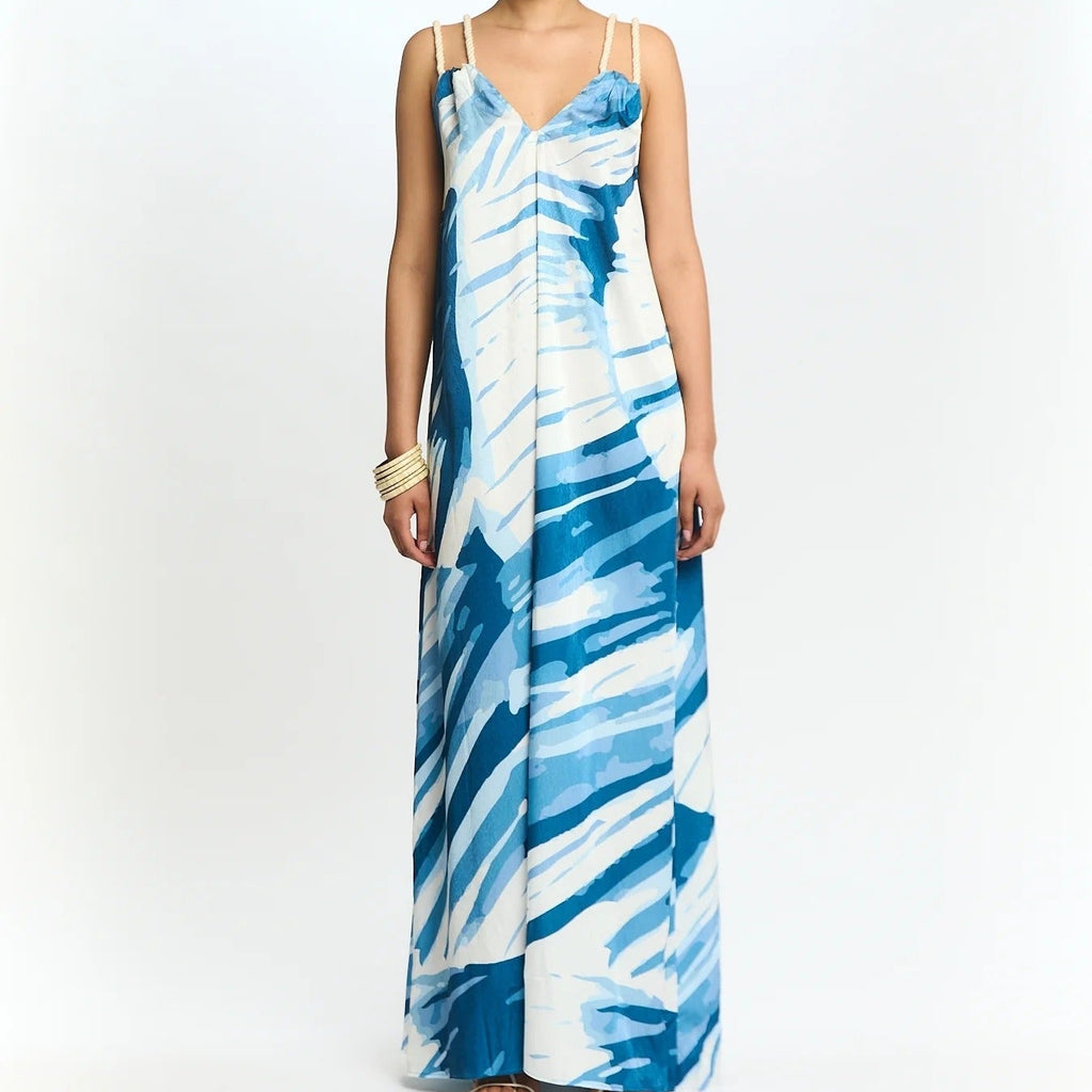 Blue And White Printed V Neck Camisole Maxi Dress
