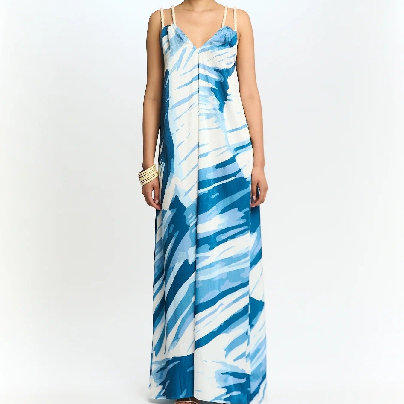 Blue And White Printed V Neck Camisole Maxi Dress
