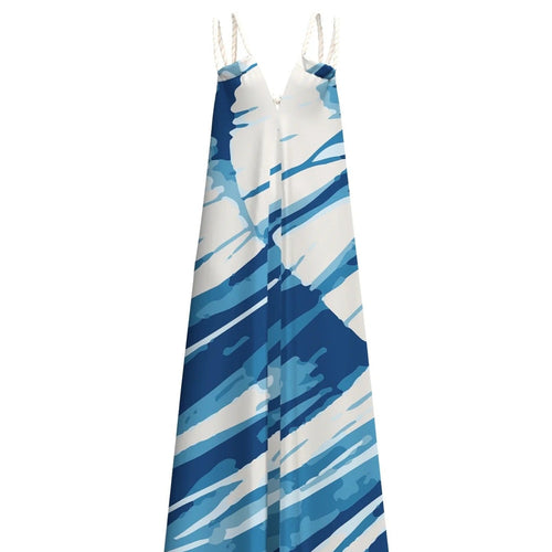 Blue And White Printed V Neck Camisole Maxi Dress
