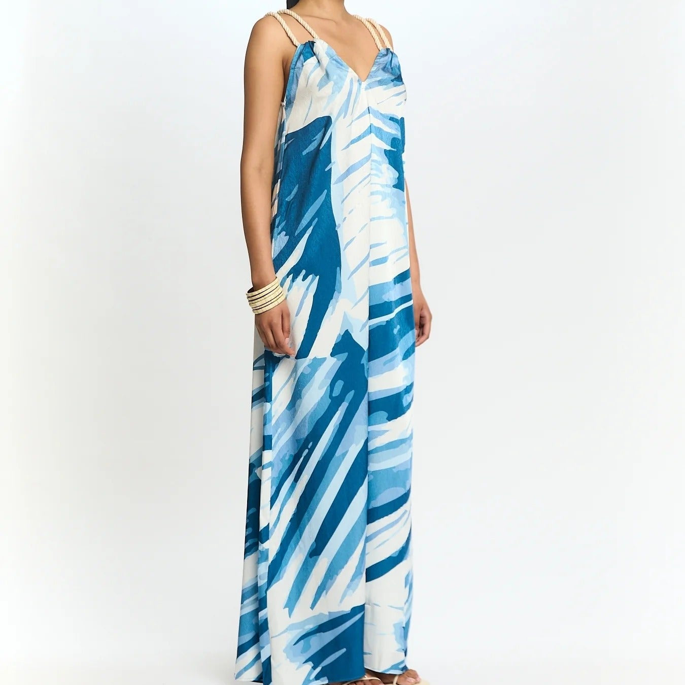 Blue And White Printed V Neck Camisole Maxi Dress