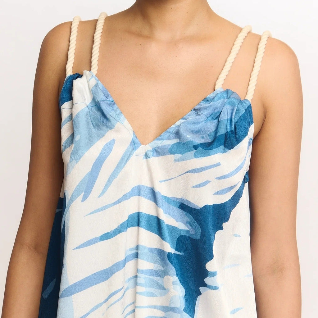 Blue And White Printed V Neck Camisole Maxi Dress