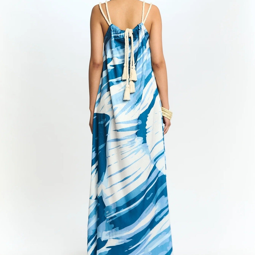 Blue And White Printed V Neck Camisole Maxi Dress