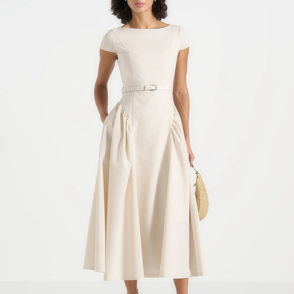 Boat Neck Short Sleeve Belted Midi Dress