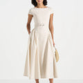 Boat Neck Short Sleeve Belted Midi Dress