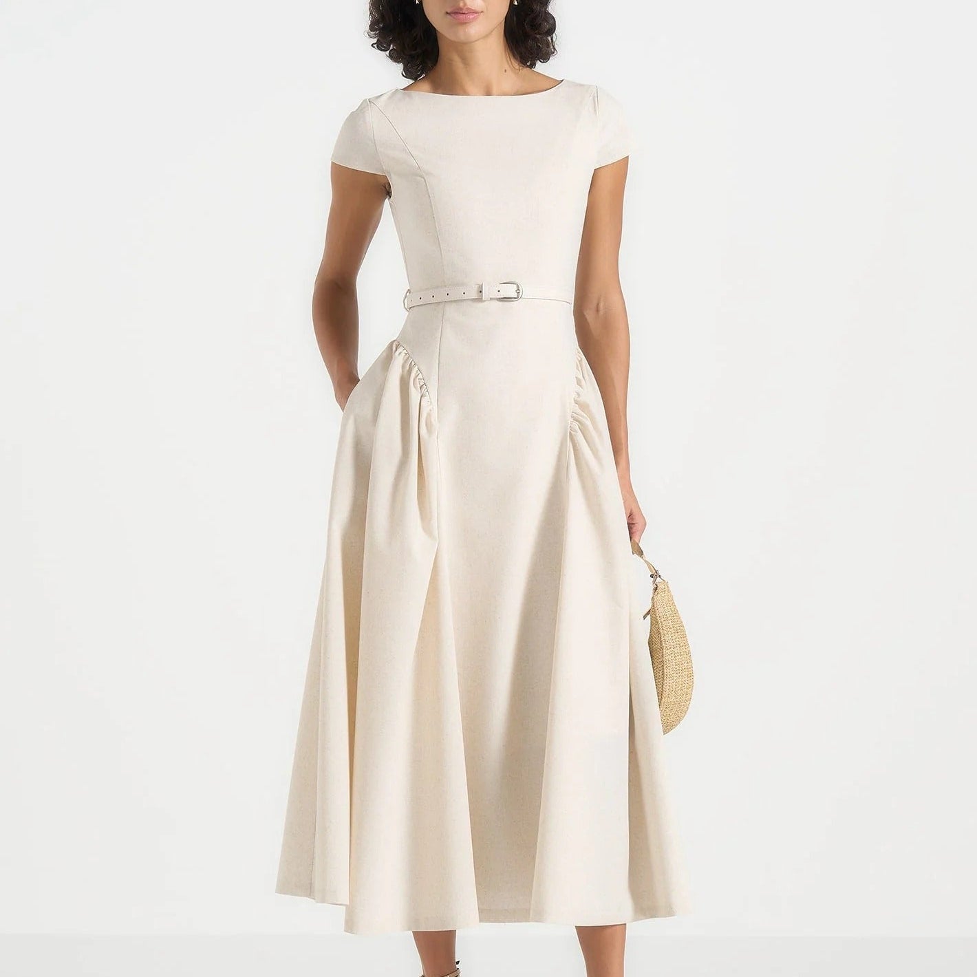 Boat Neck Short Sleeve Belted Midi Dress