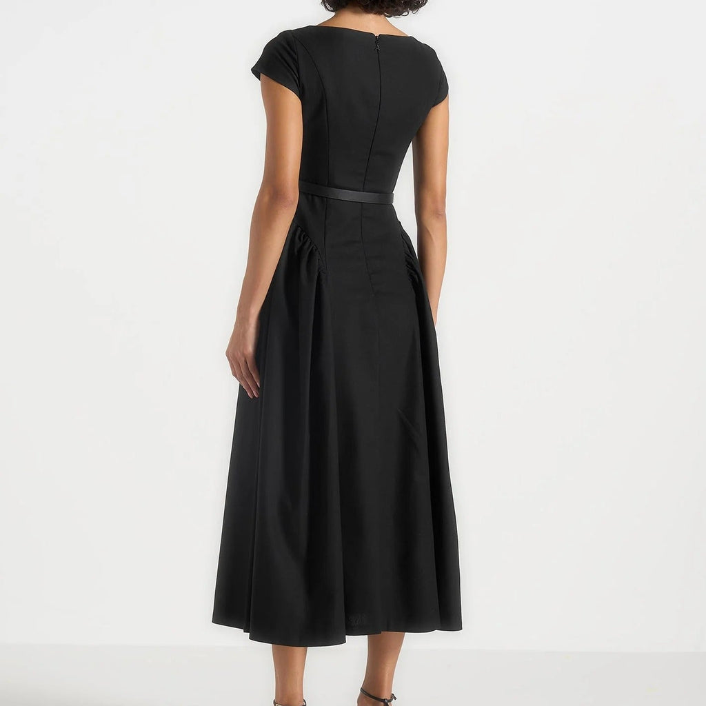 Boat Neck Short Sleeve Belted Midi Dress