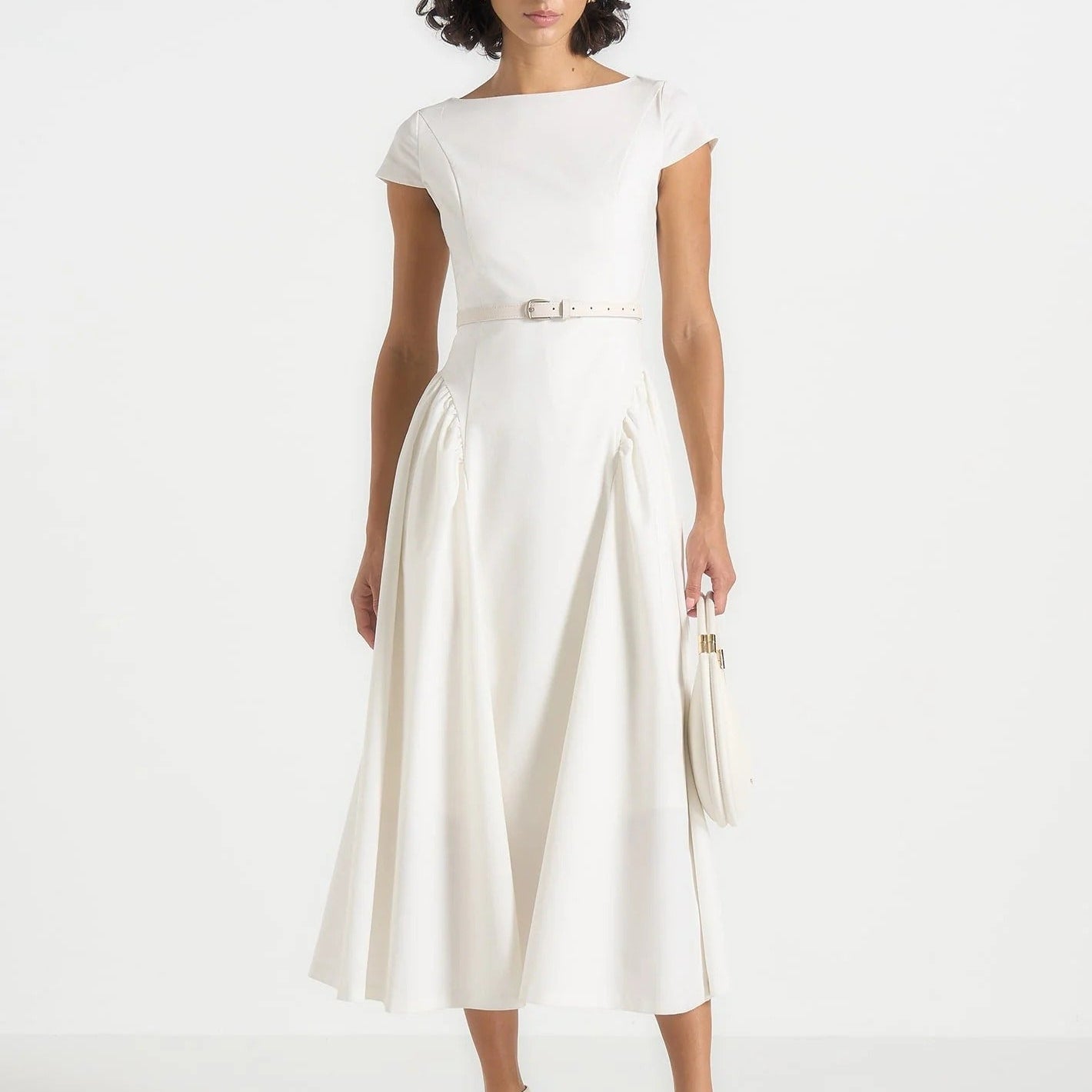 Boat Neck Short Sleeve Belted Midi Dress