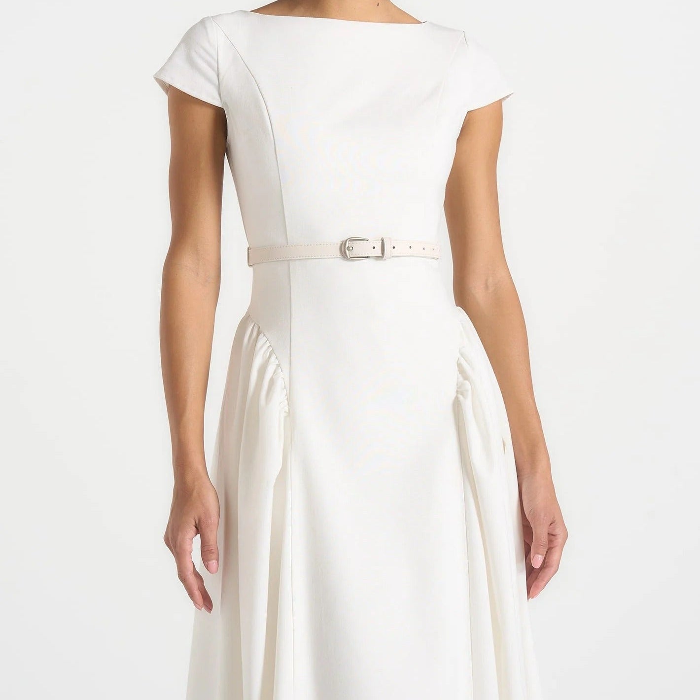 Boat Neck Short Sleeve Belted Midi Dress