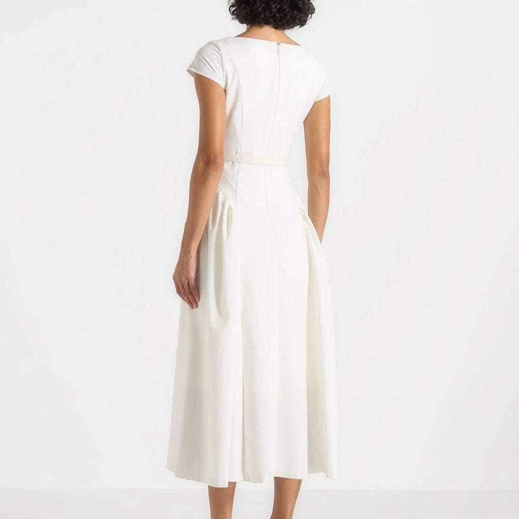 Boat Neck Short Sleeve Belted Midi Dress