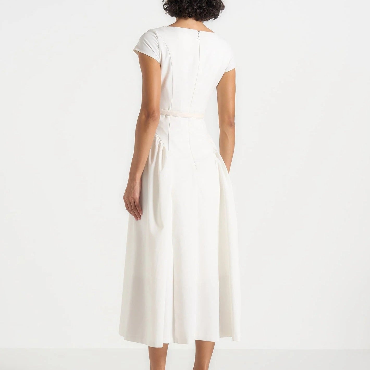Boat Neck Short Sleeve Belted Midi Dress