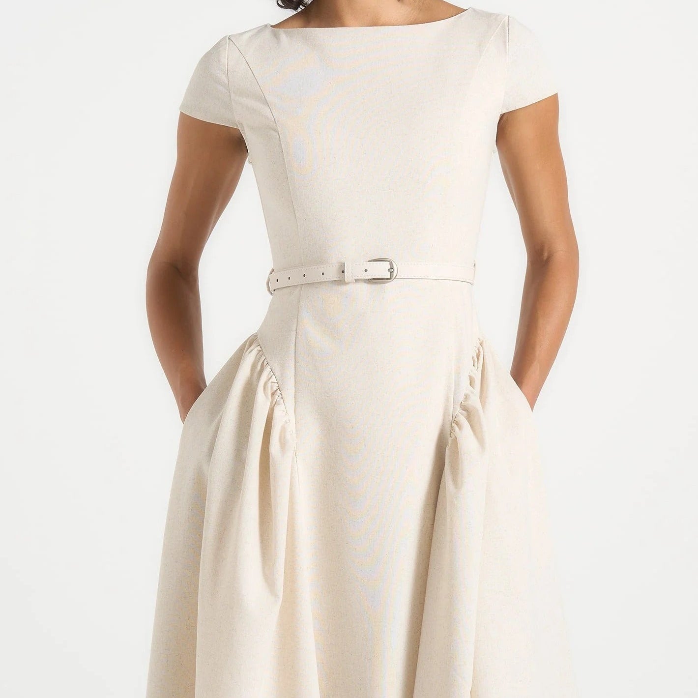 Boat Neck Short Sleeve Belted Midi Dress