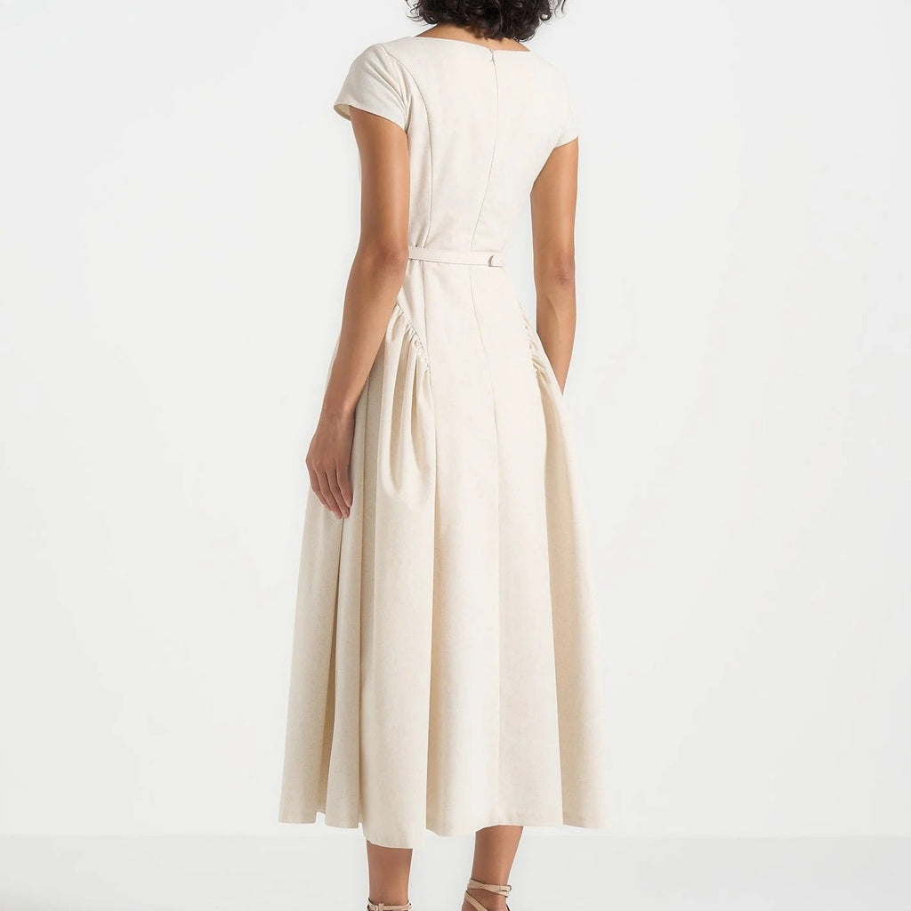 Boat Neck Short Sleeve Belted Midi Dress