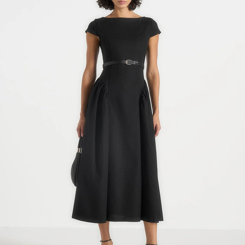 Boat Neck Short Sleeve Belted Midi Dress
