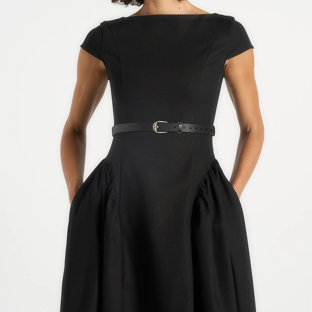 Boat Neck Short Sleeve Belted Midi Dress