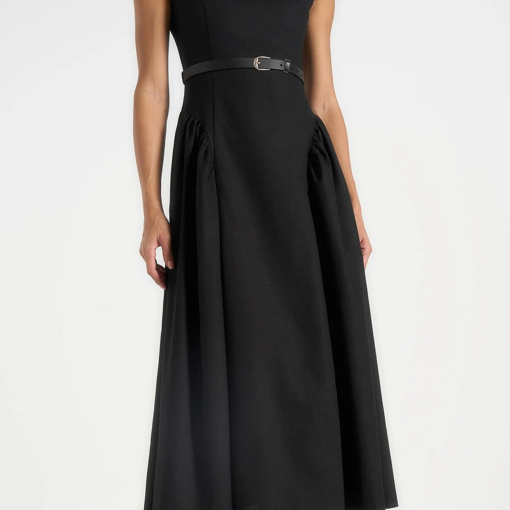 Boat Neck Short Sleeve Belted Midi Dress