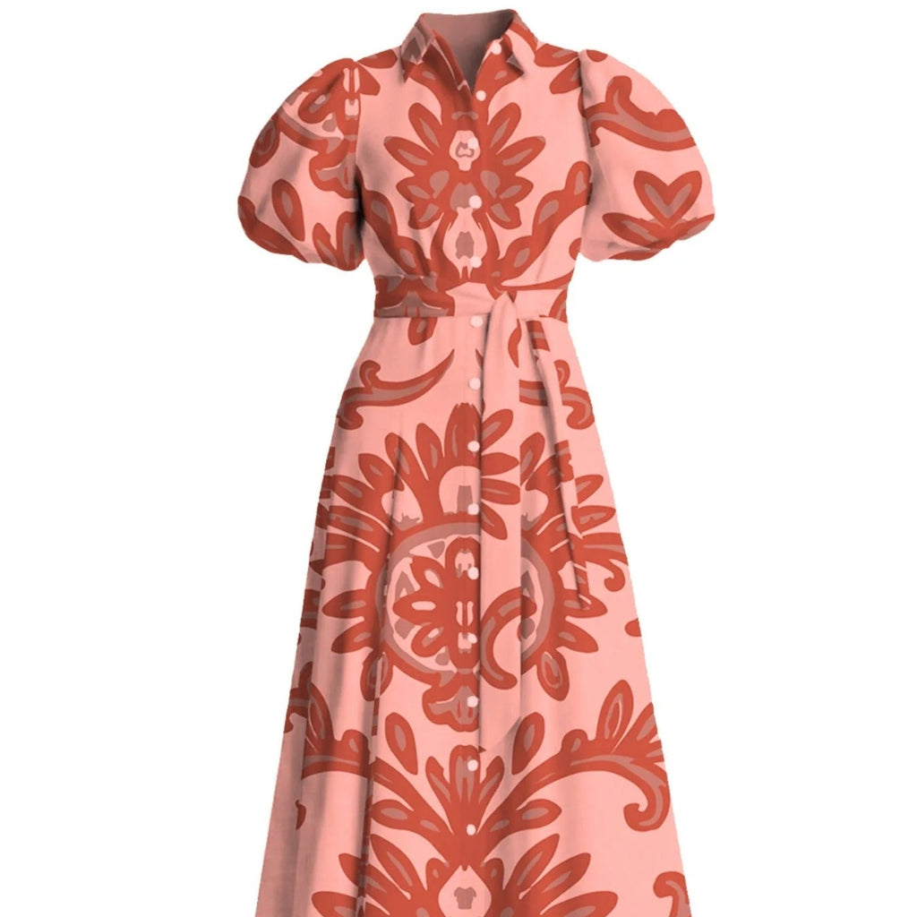 Floral Print Collared Tie Waist Shirt Dress