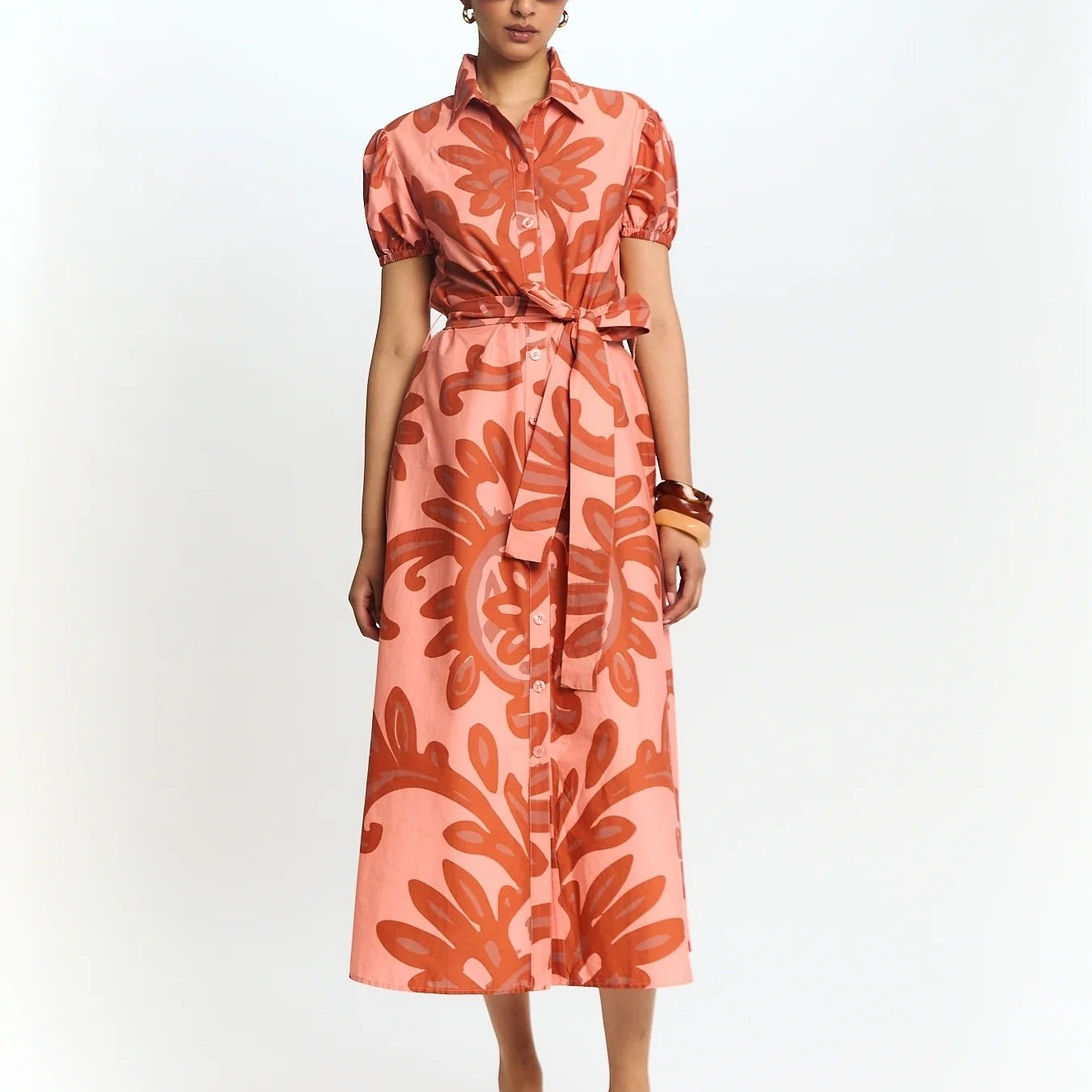 Floral Print Collared Tie Waist Shirt Dress