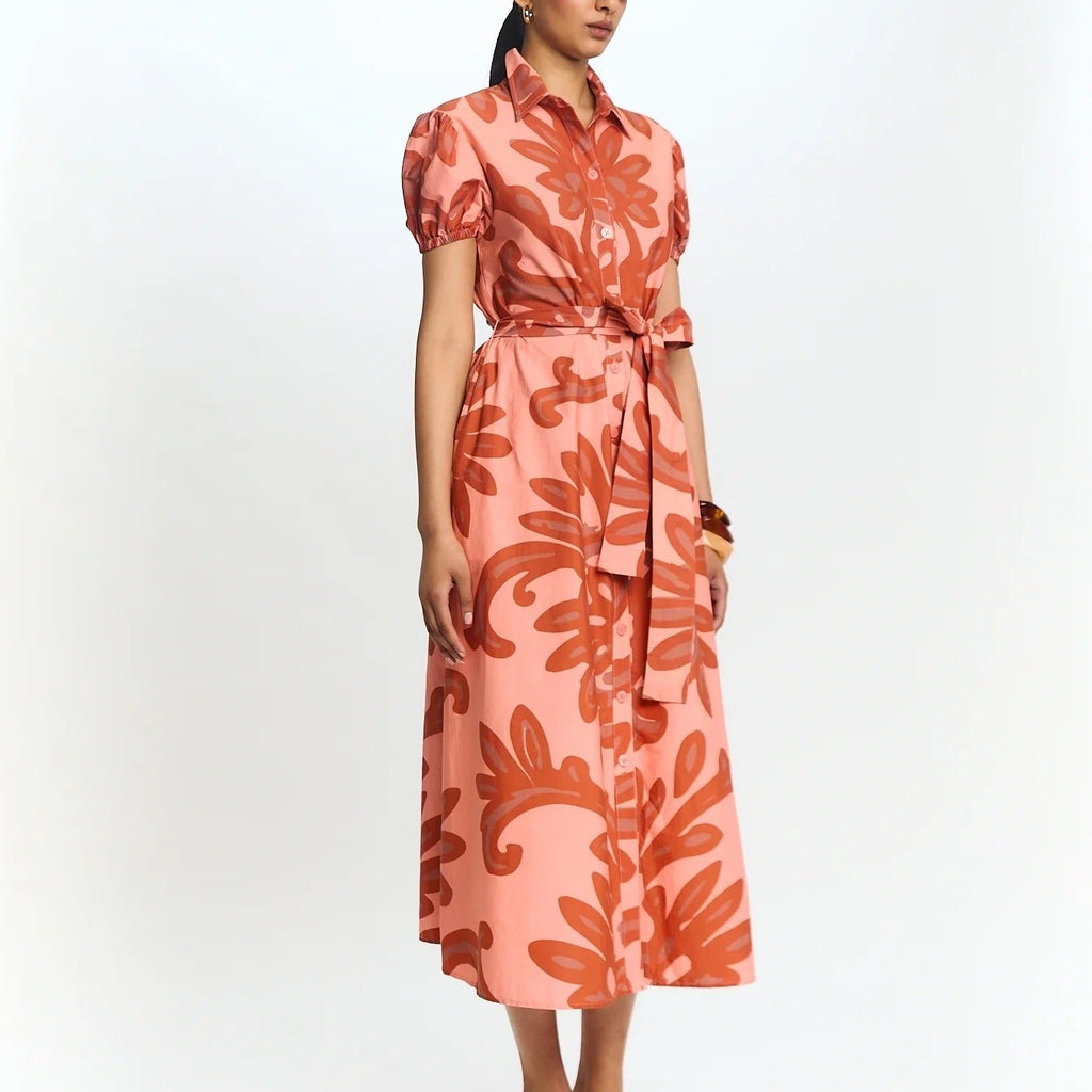 Floral Print Collared Tie Waist Shirt Dress