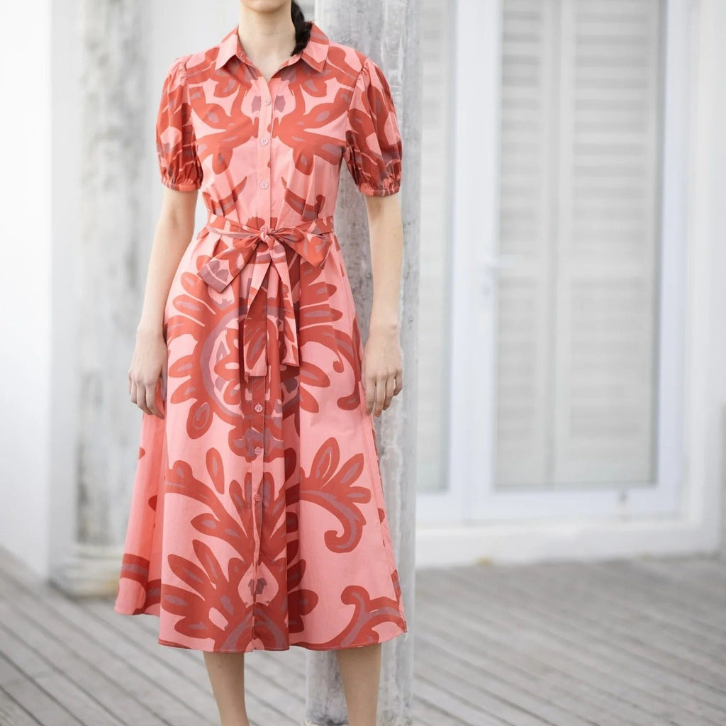 Floral Print Collared Tie Waist Shirt Dress