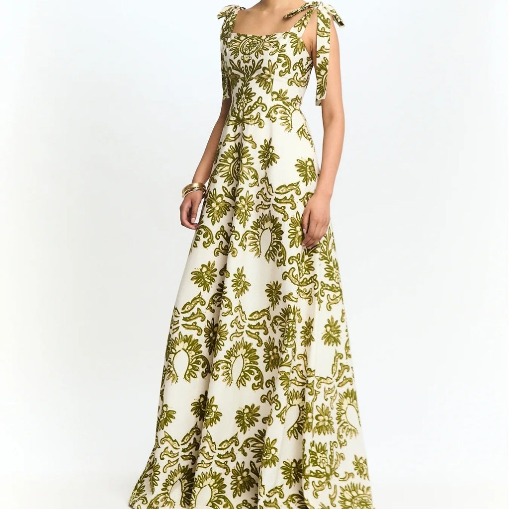 Green Floral Lace Up Camisole Maxi Dress