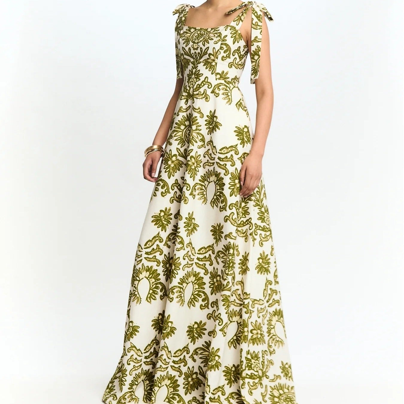 Green Floral Lace Up Camisole Maxi Dress