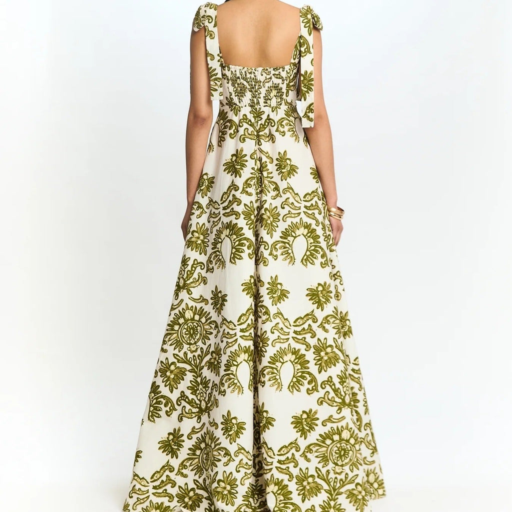 Green Floral Lace Up Camisole Maxi Dress