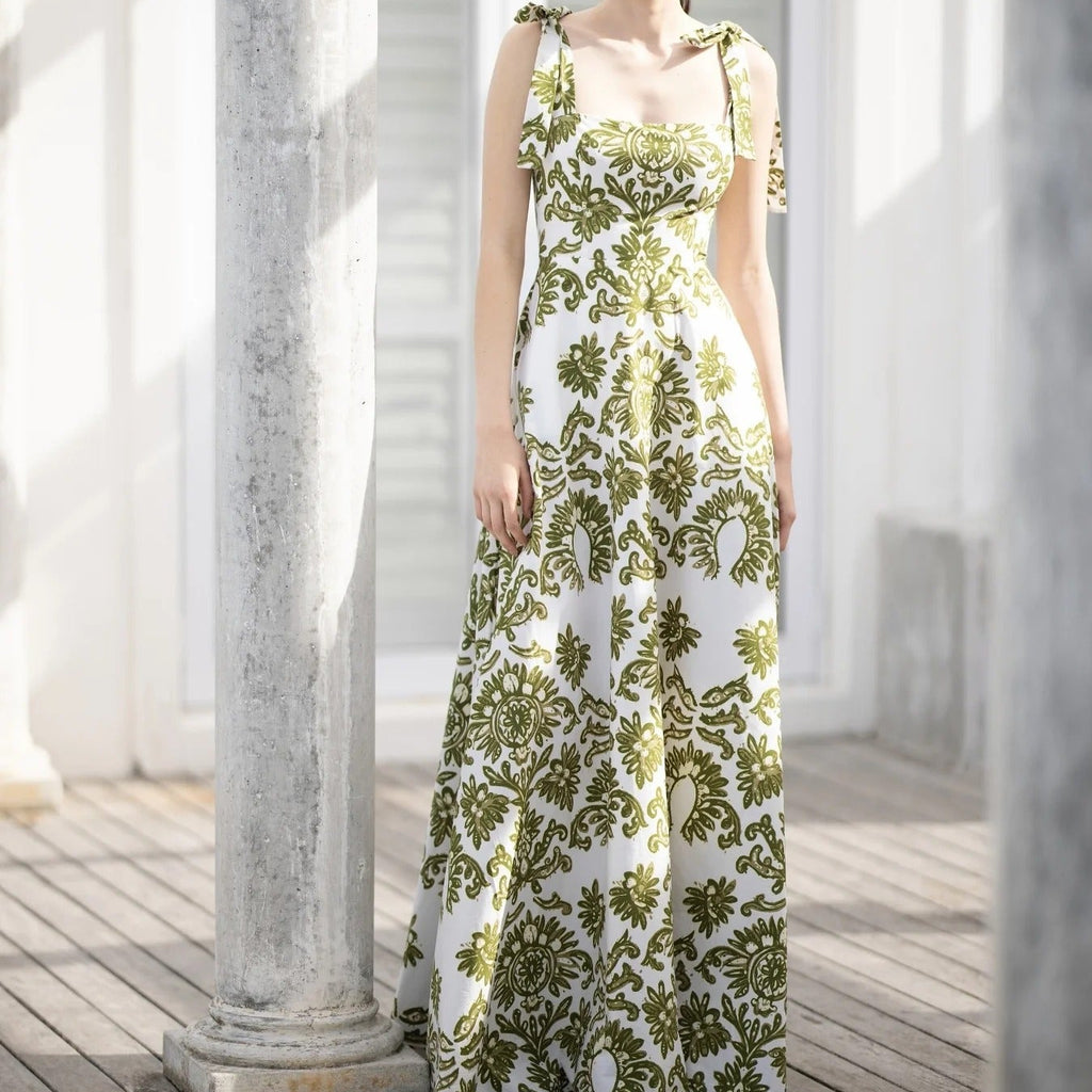 Green Floral Lace Up Camisole Maxi Dress