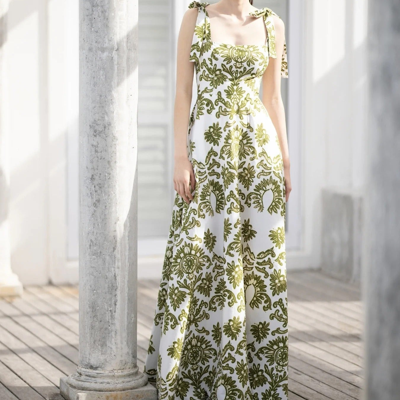 Green Floral Lace Up Camisole Maxi Dress