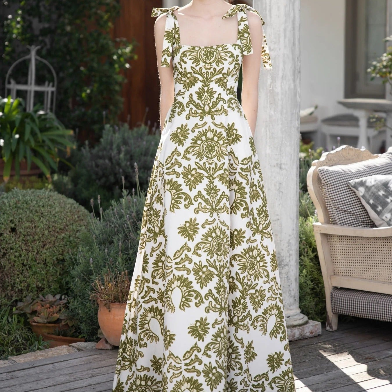 Green Floral Lace Up Camisole Maxi Dress