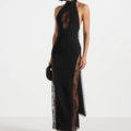 Halter Neck Cutout Lace Maxi Gown With A Slit