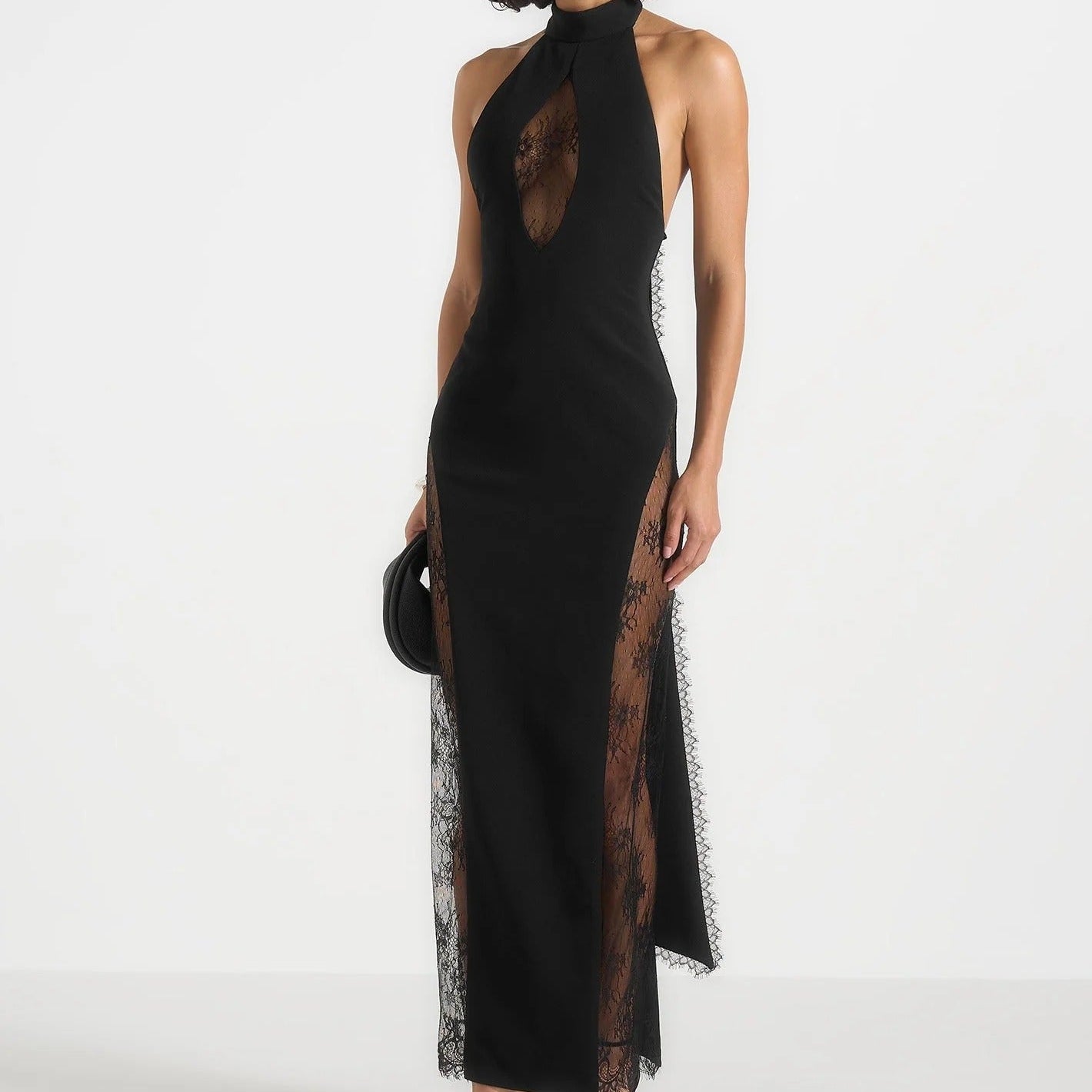 Halter Neck Cutout Lace Maxi Gown With A Slit