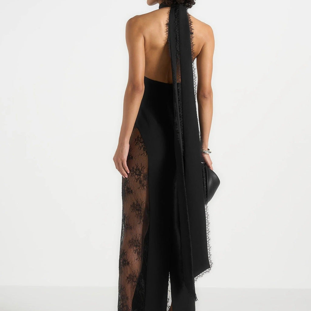 Halter Neck Cutout Lace Maxi Gown With A Slit