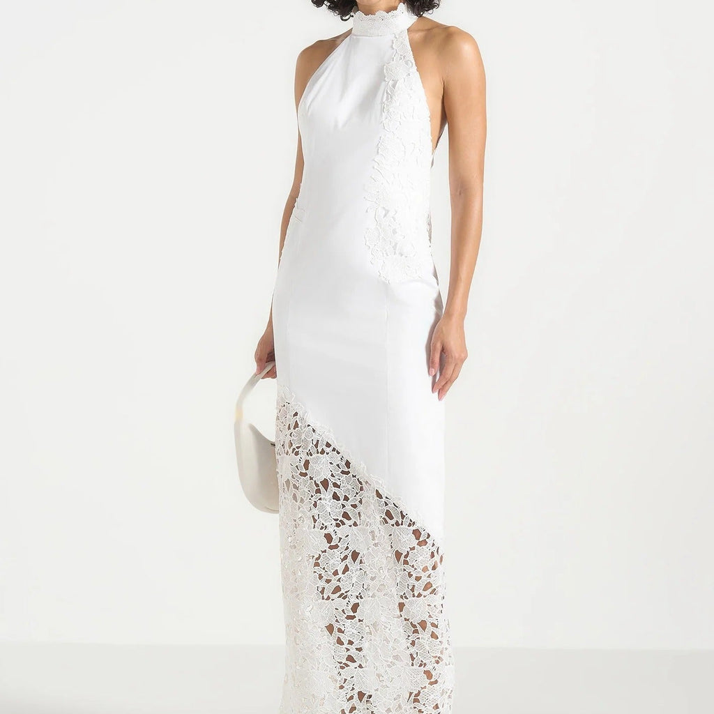 Halter Neck Open Back Maxi Dress With Lace Paneling
