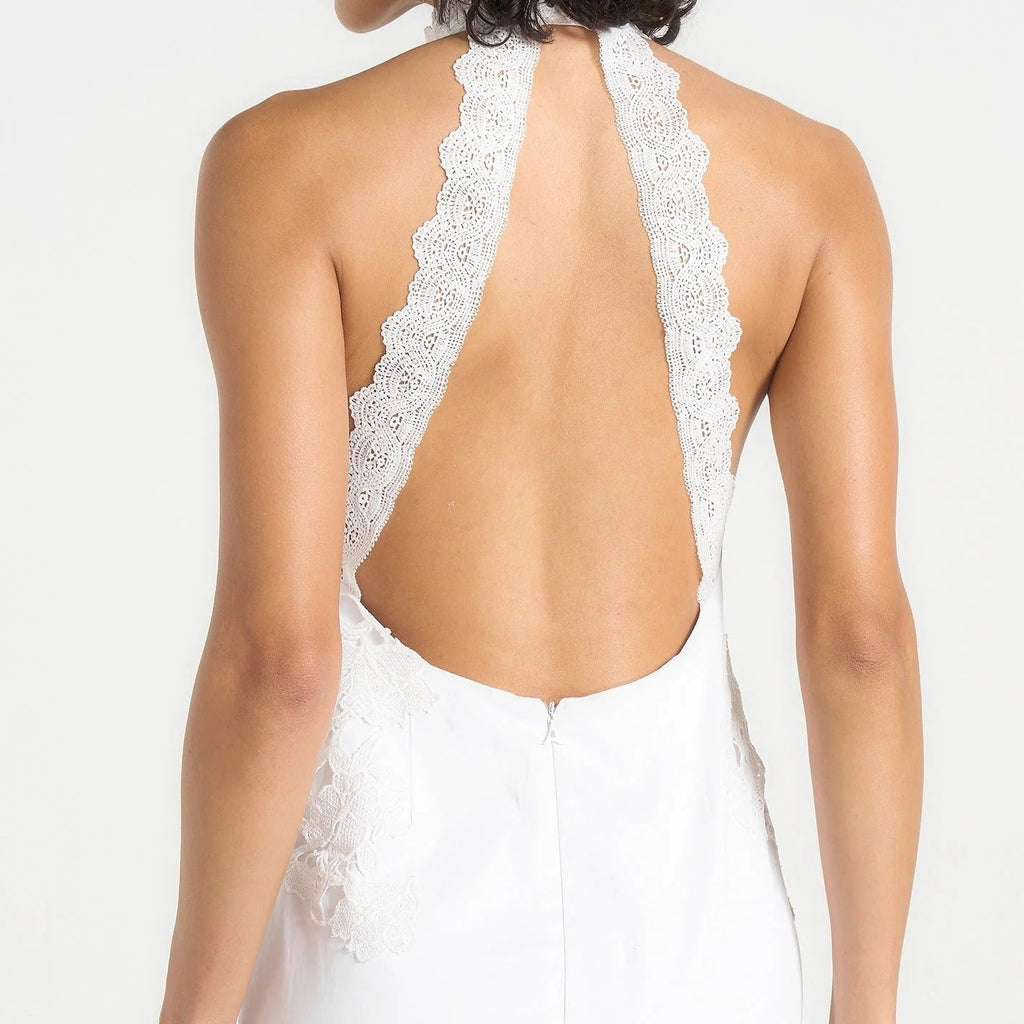 Halter Neck Open Back Maxi Dress With Lace Paneling