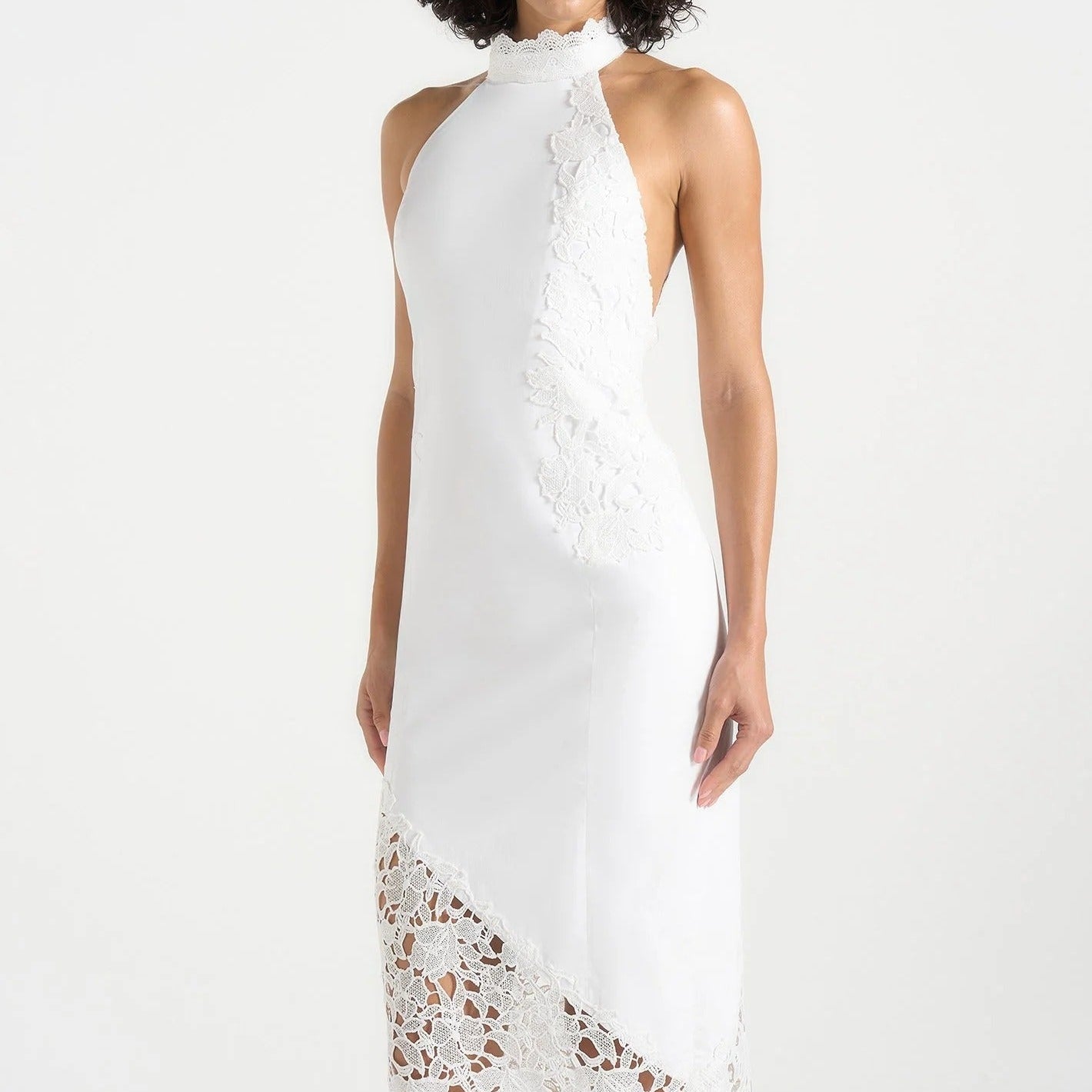 Halter Neck Open Back Maxi Dress With Lace Paneling