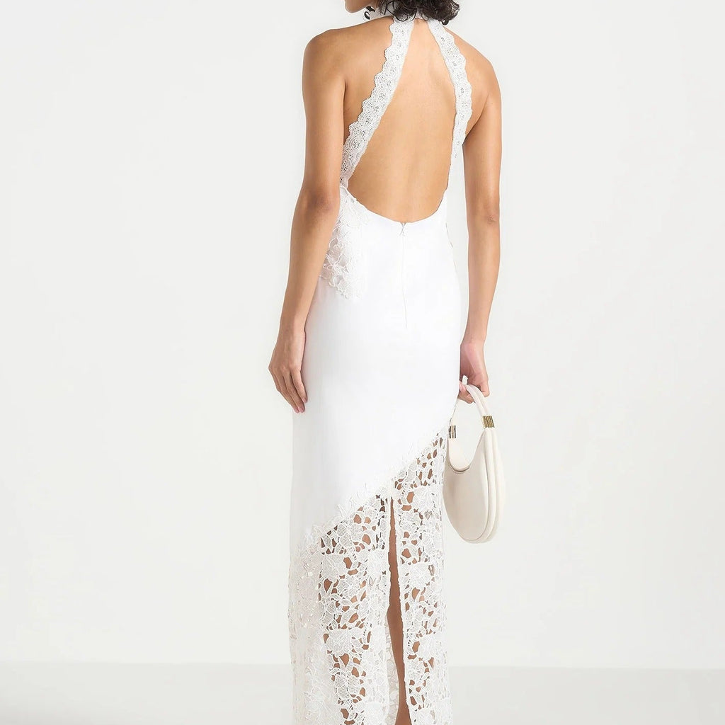 Halter Neck Open Back Maxi Dress With Lace Paneling