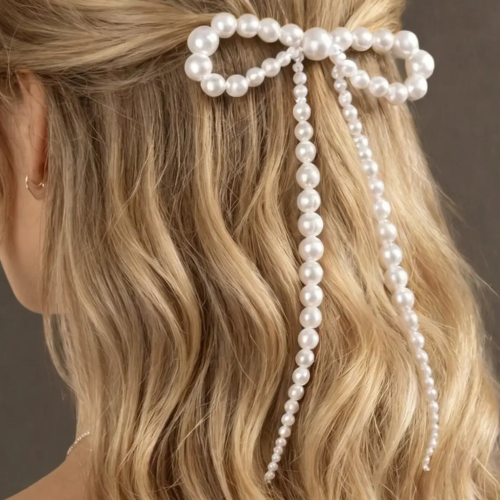 Long Pearl And Bow Hair Clip
