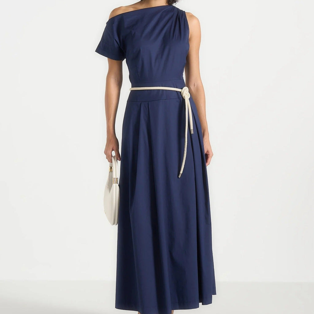 One Shoulder Short Sleeve Midi Dress With Tie Detail
