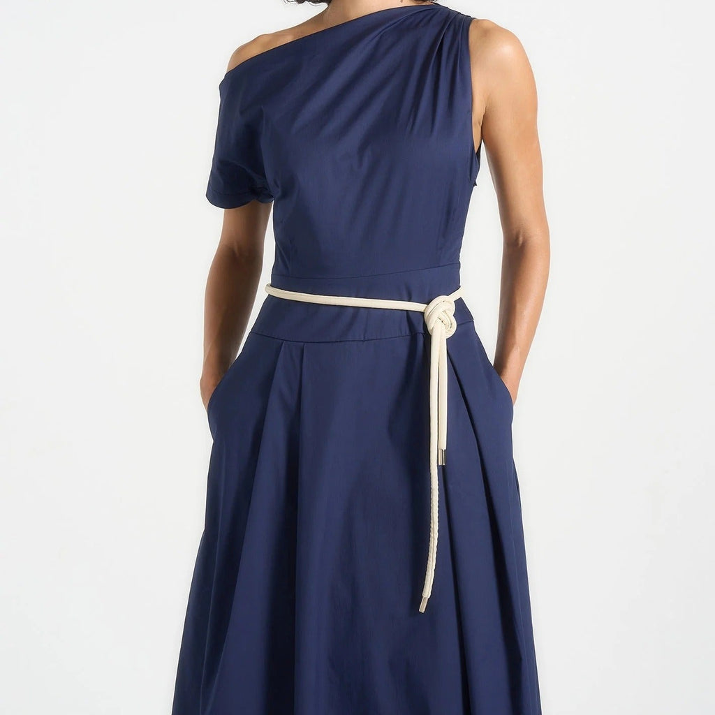 One Shoulder Short Sleeve Midi Dress With Tie Detail