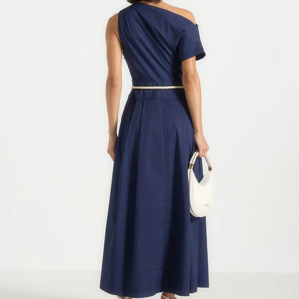 One Shoulder Short Sleeve Midi Dress With Tie Detail