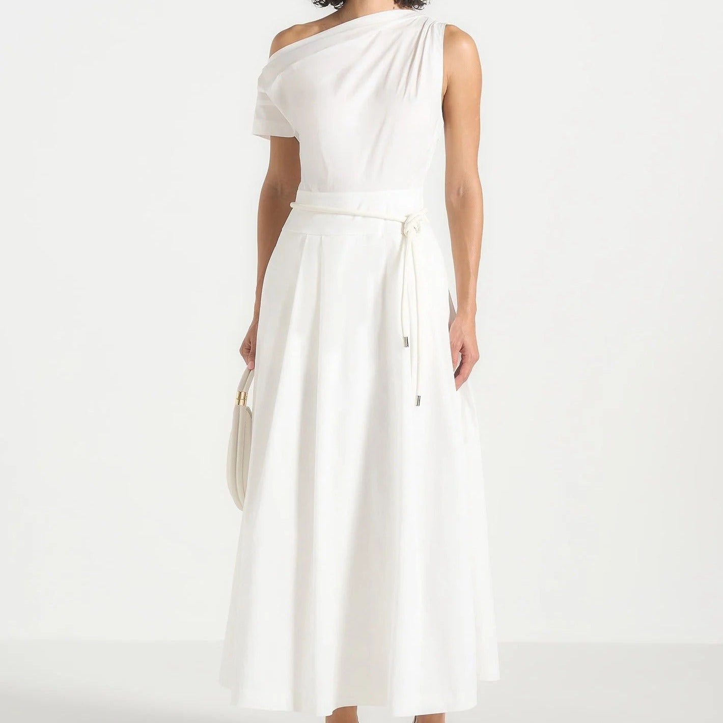 One Shoulder Short Sleeve Midi Dress With Tie Detail