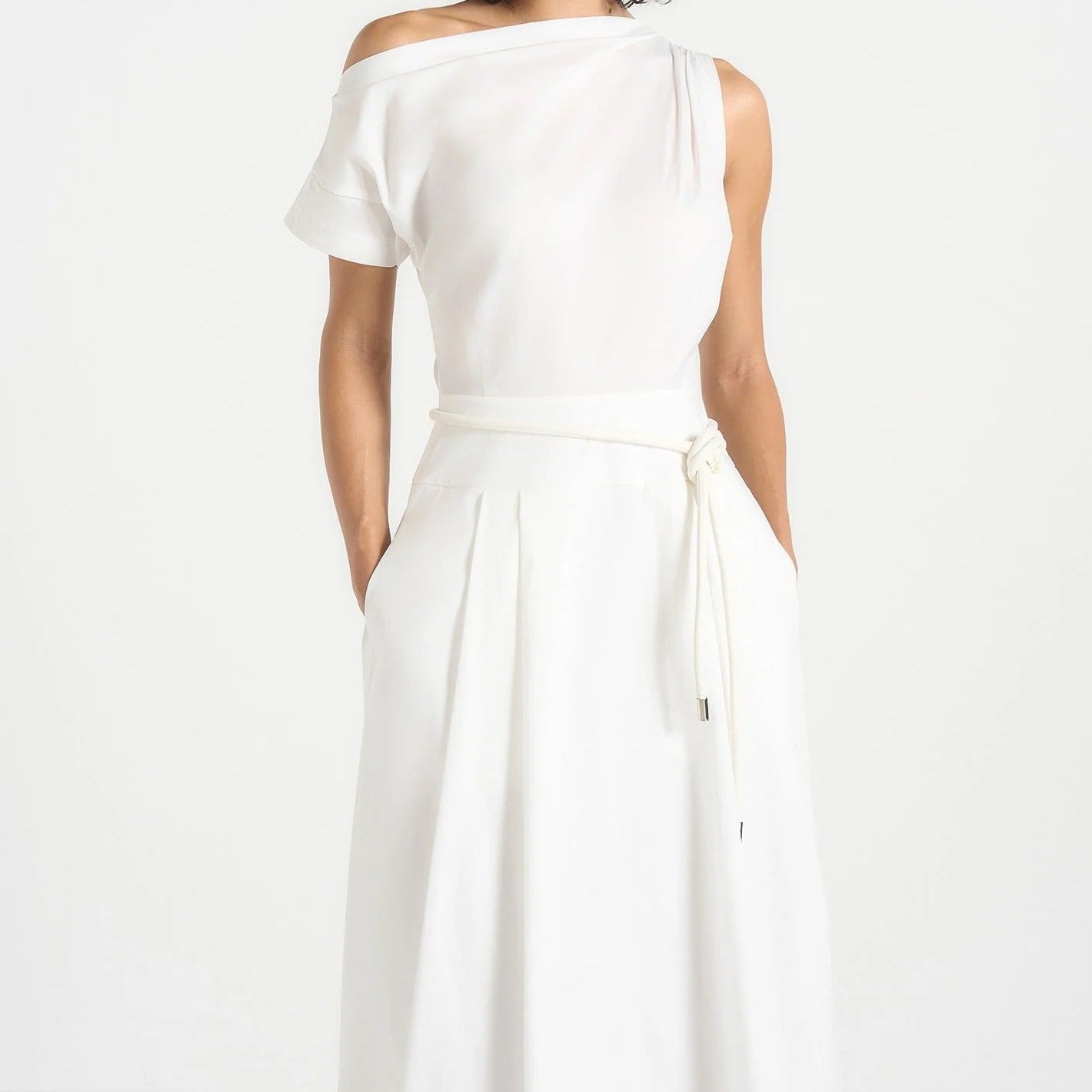One Shoulder Short Sleeve Midi Dress With Tie Detail