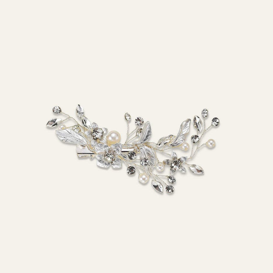 Silver Toned Pearl Hair Clip With Floral And Leaf Motifs