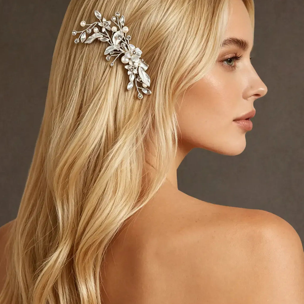 Silver Toned Pearl Hair Clip With Floral And Leaf Motifs