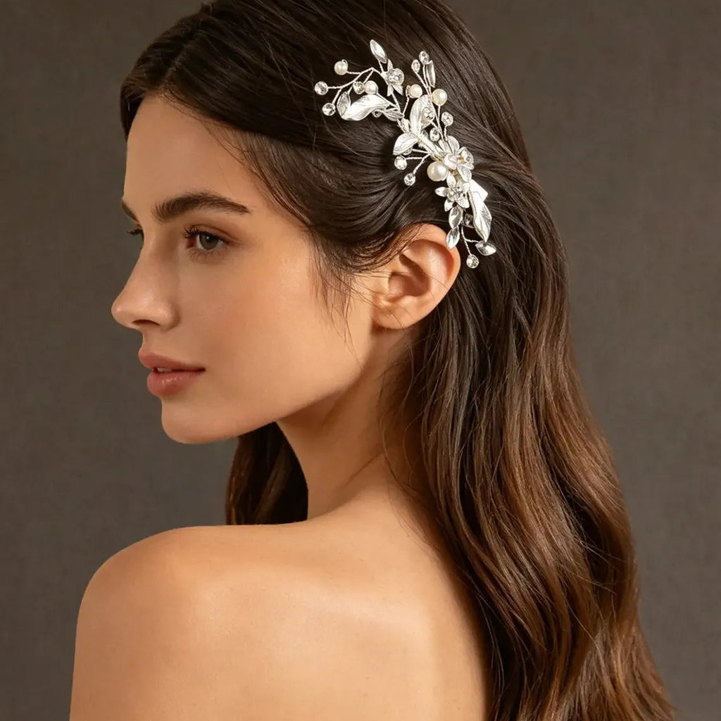 Silver Toned Pearl Hair Clip With Floral And Leaf Motifs