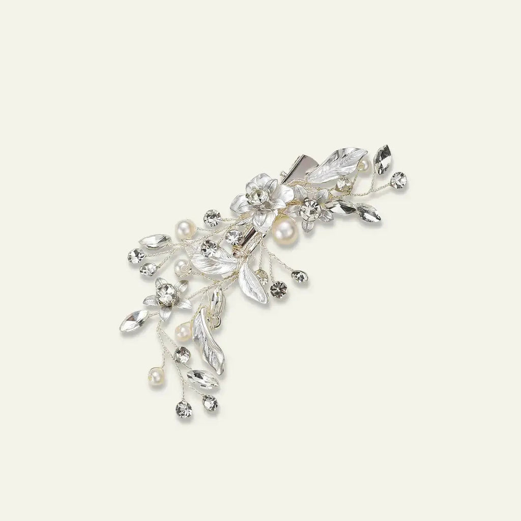 Silver Toned Pearl Hair Clip With Floral And Leaf Motifs