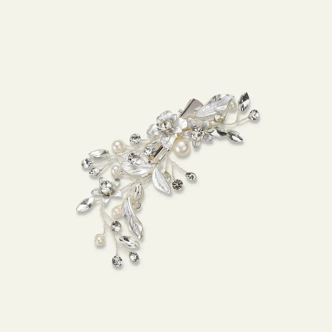 Silver Toned Pearl Hair Clip With Floral And Leaf Motifs