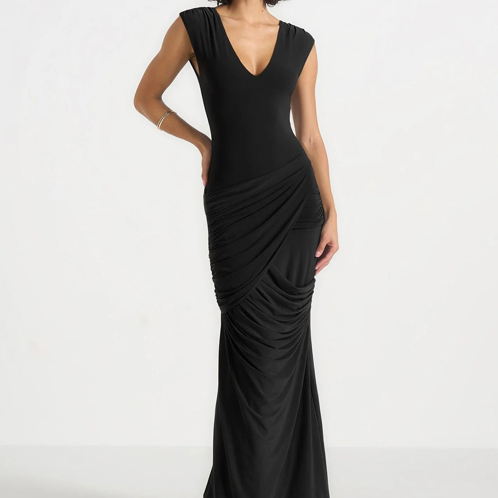 V Neck Sleeveless Ruched Mermaid Maxi Dress