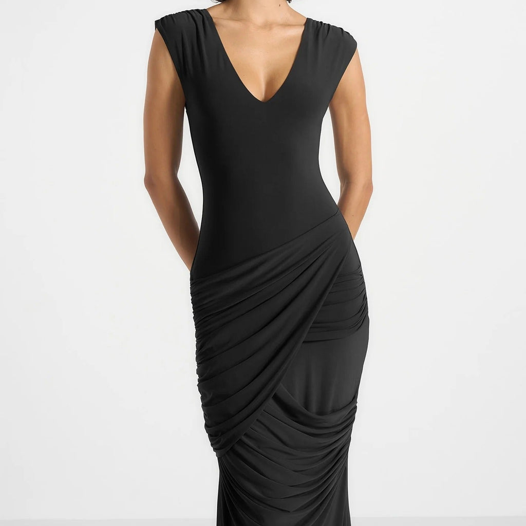 V Neck Sleeveless Ruched Mermaid Maxi Dress