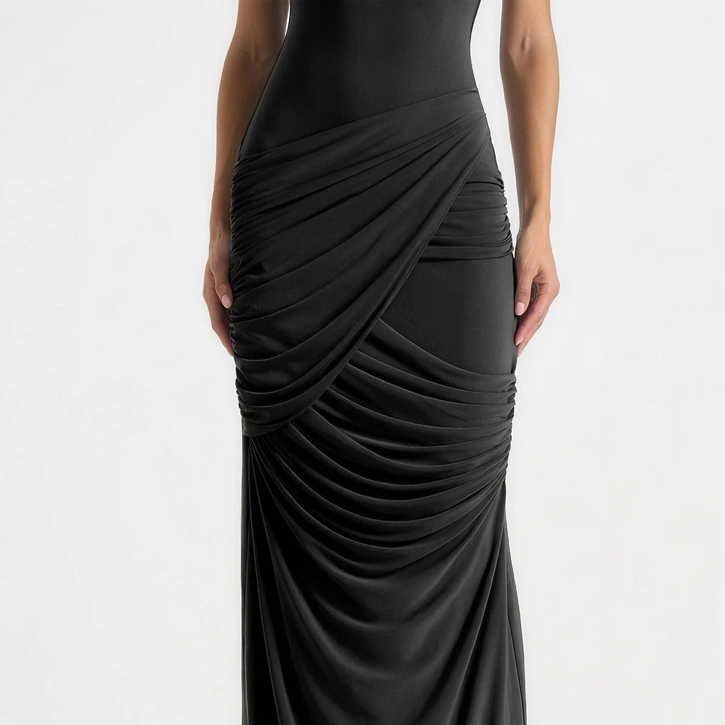 V Neck Sleeveless Ruched Mermaid Maxi Dress